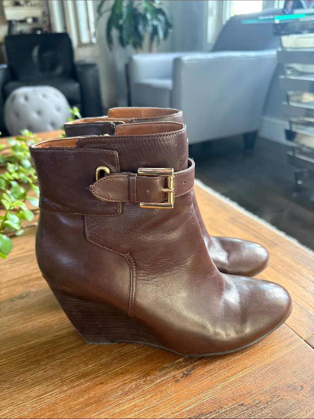 Nine West Dark Brown Leather Wedge Ankle Boots with Gold Buckle